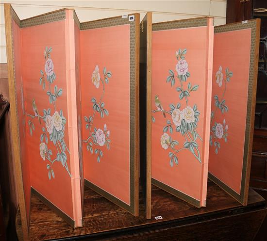 A pair of Chinese four fold screens, painted with peonies H. 88cm